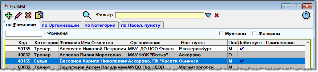 Окно ТРЕНЕРЫ в программе Swim Base